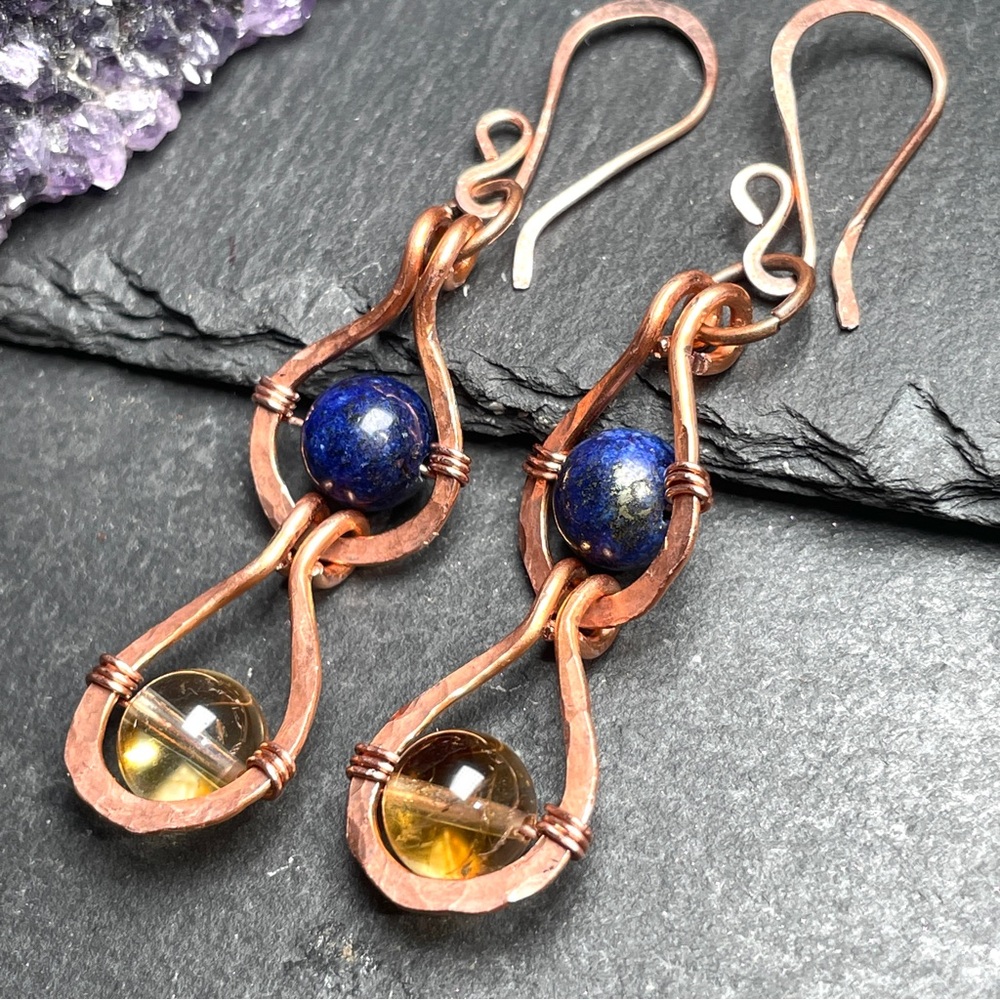 Citrine And and Blue Lapiz Lazuli Gemstone Copper Boho Artisan Earrings - Picture 2 of 11